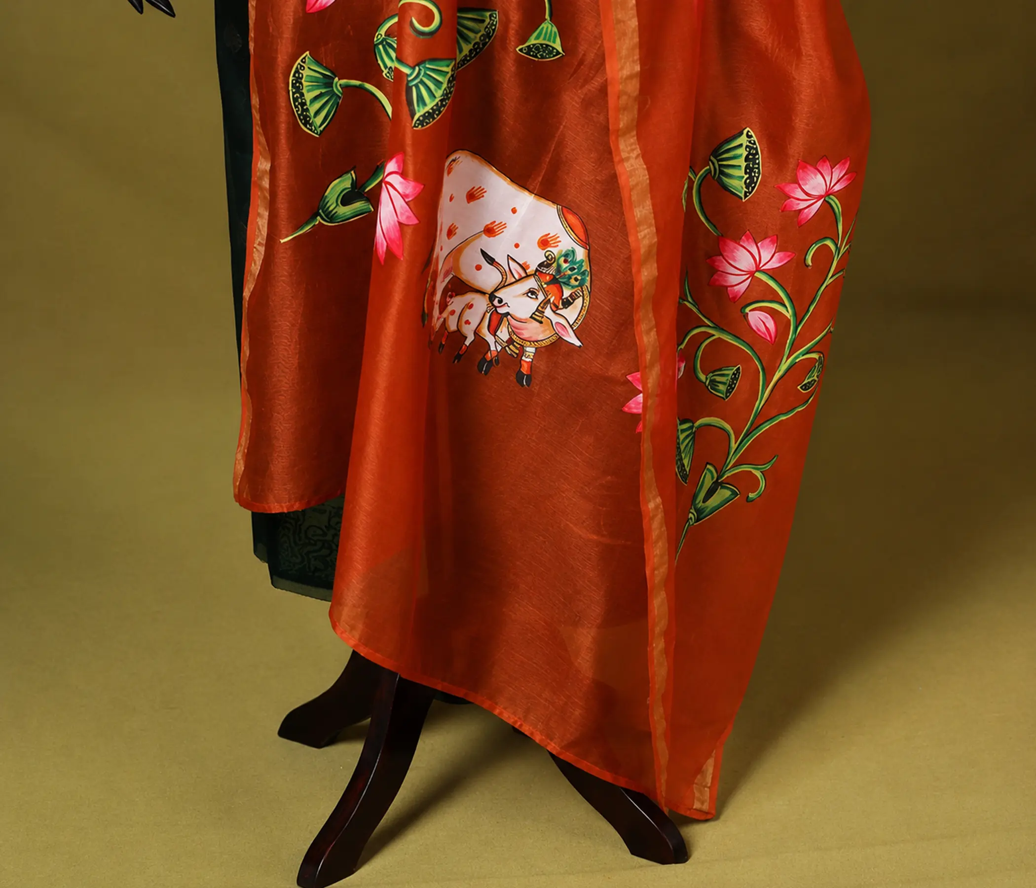 Hand-Painted Rust Orange Dupatta with Lotus and Pichwai Cow Art
